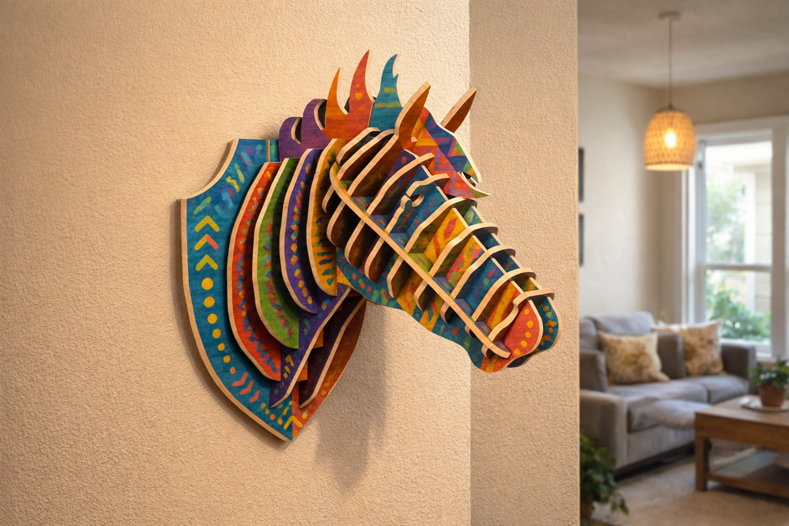 Vibrant Colored 3D Wooden Horse Art