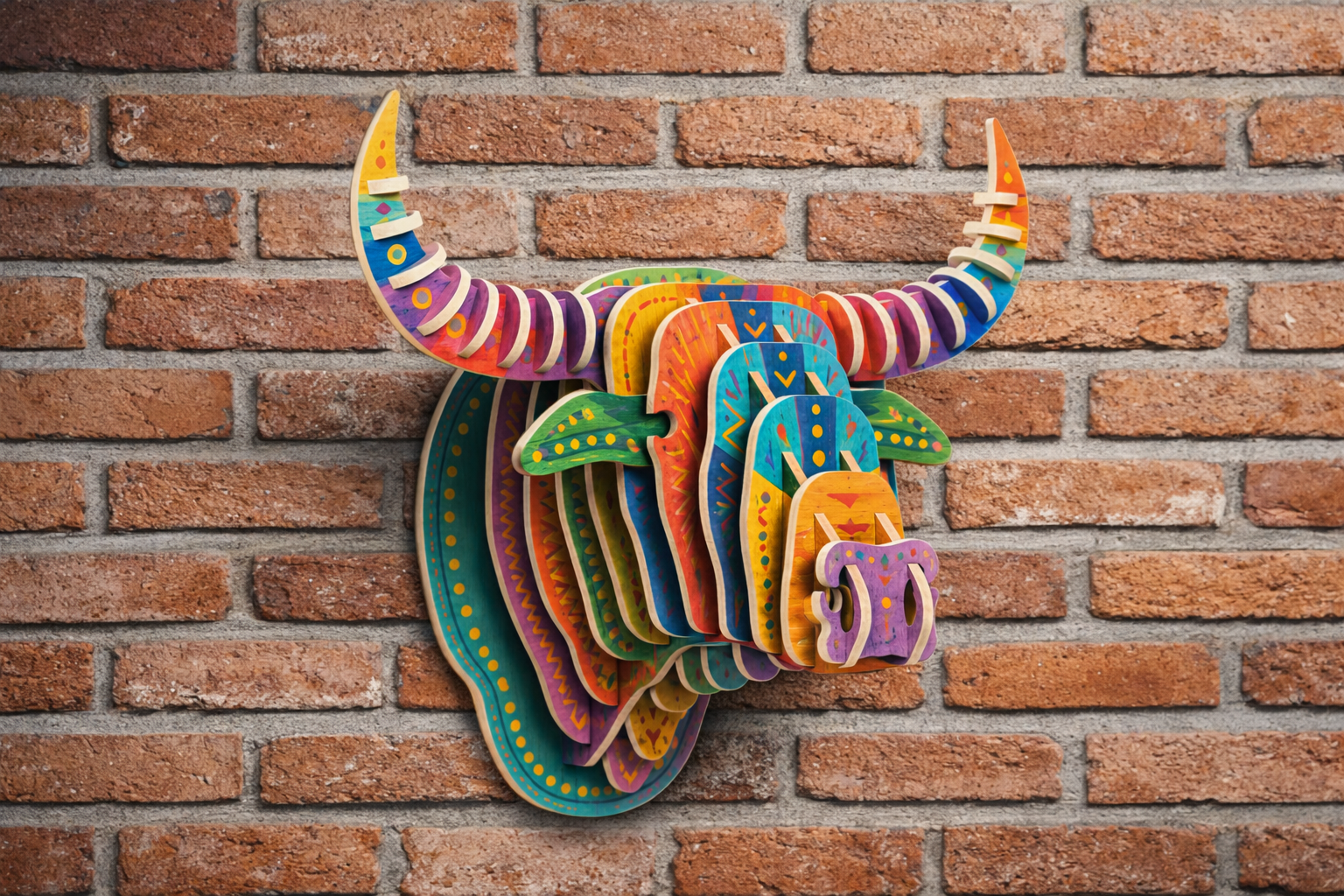 Colorful Hand-Painted 3D Wooden Bull Wall Art